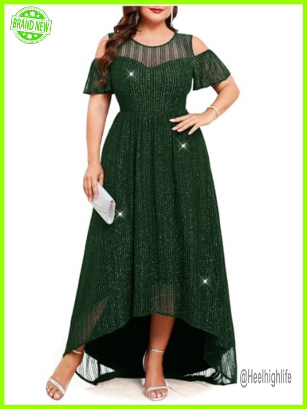 Plus Size Sparkly Mesh Maxi Dress Cold Shoulder Ruffle Sleeve High Low A Line